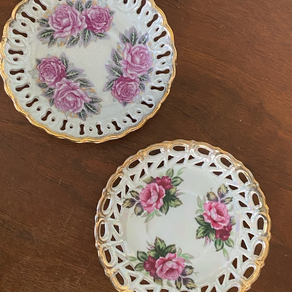 Vintage Pink Floral Decorative Plates Pierced lattice edge with Gold Trim